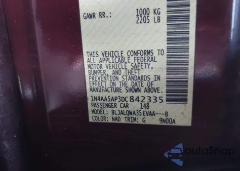 2013 Nissan Maxima 3.5 S z USA, uszkodzony, nr VIN 1N4AA5AP3DC842335